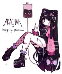  1girl absurdres aka_(ariimaw) anklet ariimaw artist_name asymmetrical_legwear bandaid bandaid_on_finger bandaid_on_hand bandaid_on_leg black_hair black_nails black_shirt black_shoes black_skirt blood blood_bag blush bone_hair_ornament bow cardigan cat_tail collar cone_hair_bun cross cross_hair_ornament cross_tattoo double_bun facial_tattoo fishnet_thighhighs fishnets full_body grey_hair hair_bun hair_ornament heart highres jewelry knees_up long_eyelashes long_hair looking_at_viewer nail_polish o-ring_collar open_cardigan open_clothes original pink_cardigan pink_collar platform_shoes shirt shoes single_thighhigh skirt spiked_anklet spikes tail tail_bow tail_ornament tattoo thick_eyelashes thigh-highs v very_long_hair watermark white_background x_hair_ornament 