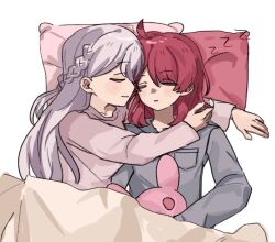  2girls arms_around_neck bang_dream! bang_dream!_yumemita braid closed_eyes closed_mouth commentary cuddling grey_shirt half_up_braid hand_in_another's_hair long_hair miyanaga_nonoka miyanaga_nonoka_(real) multiple_girls pillow pink_shirt purple_hair red_hair sengoku_yuno sengoku_yuno_(real) shatangju_(bokuto1463) shirt simple_background sleeping_together stuffed_animal stuffed_rabbit stuffed_toy under_covers untranslatable_commentary white_background yuri zzz 