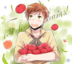  1boy axis_powers_hetalia black_bow black_bowtie bow bowtie brown_hair brown_shirt collared_shirt commentary_request food fruit green_eyes holding holding_food holding_fruit kumapopo looking_at_viewer male_focus open_mouth shirt short_hair smile solo spain_(hetalia) spanish_text tomato upper_body 