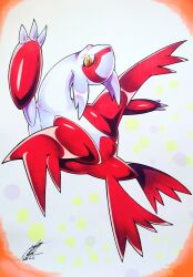  025aki absurdres blush brown_eyes claws colored_skin dated full_body highres latias looking_at_viewer multicolored_skin no_humans open_mouth pokemon pokemon_(creature) pokemon_focus red_skin signature slit_pupils solo two-tone_skin white_background white_skin 