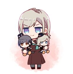  >:) 1girl aqua_neckerchief black_pantyhose blue_eyes brown_dress brown_shoes ceras_yanagida_lilienfeld character_and_character_item character_doll chibi chibi_only closed_mouth commentary_request doll dress grey_hair hasu_no_sora_school_uniform haz holding holding_doll jitome katsuragi_izumi long_sleeves love_live! love_live!_hasu_no_sora_jogakuin_school_idol_club medium_dress neckerchief pantyhose pleated_dress sailor_collar sailor_dress school_uniform shoes short_hair smile solo split_mouth v-shaped_eyebrows virtual_youtuber white_sailor_collar winter_uniform 