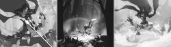  1girl absurdres alt_text arrow_(projectile) barefoot border bow_(weapon) bug butterfly butterfly_hair_ornament butterfly_necklace commentary concept_art dongho_kang dota_(series) dota_2 english_commentary feet_out_of_frame fighting_stance floating_cape floating_hair forest from_above from_side full_body grey_border hair_ornament highres holding holding_bow_(weapon) holding_weapon light_particles long_hair monochrome nature official_art outdoors shirt shorts sketch standing weapon wind windranger_(dota) 