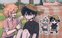  1girl 2boys aged_down alternate_costume antenna_hair aubrey_(faraway)_(omori) aubrey_(omori) bad_id bad_twitter_id barefoot basil_(faraway)_(omori) basil_(omori) black_eyes black_hair black_shirt black_shoes black_shorts blonde_hair blue_eyes blue_shirt blush bracelet brown_shorts chibi closed_eyes closed_mouth collared_shirt commentary cup double-parted_bangs drinking_glass english_commentary flower_bracelet hair_between_eyes hat holding holding_cup jewelry knees_up multiple_boys omori outdoors pink_shirt shirt shoes short_hair short_sleeves shorts sidelocks sitting socks sun_hat sunny_(omori) sweat t-shirt white_socks yuilu_(yuiluqqq) 