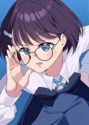  1girl azabu_mai blue_background blue_cross_tie blue_dress blue_eyes blush center_frills collared_shirt commentary cross_tie dress frilled_shirt frills glasses goldluck grey-framed_eyewear highres ikizulive!_love_live!_bluebird leaning_forward looking_at_viewer love_live! open_mouth purple_hair raised_eyebrow shirt short_hair simple_background solo strapless strapless_dress white_shirt 