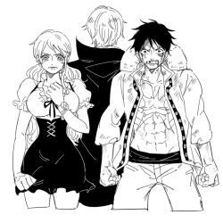  1girl 2boys abs back bruise cape clenched_teeth commentary_request greyscale hat injury mike_(tomatomato244) missing_tooth monkey_d._luffy monochrome multiple_boys nami_(one_piece) one_piece puffy_short_sleeves puffy_sleeves sanji_(one_piece) sash scar scar_on_chest short_hair short_sleeves simple_background straw_hat tears teeth twintails 