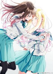  2girls aqua_skirt black_pantyhose blonde_hair brown_hair collar colored_eyelashes commentary_request eye_contact gradient_hair grey_eyes guiding_hand highres holding holding_another's_leash holding_leash kurasu_no_hime_wa_watashi_no_wanko leash light_particles long_hair long_sleeves looking_at_another miniskirt multicolored_hair multiple_girls nabana_kurumi official_art pantyhose parted_lips pink_collar pink_hair pink_leash pleated_skirt sailor_collar sakuragi_ren school_uniform shirt skirt smile sorahashi_sera straight_hair sweatdrop two-tone_hair white_sailor_collar white_shirt yuri 