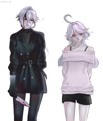  2girls ahoge alternate_costume alternate_universe arlecchino_(genshin_impact) arms_behind_back artist_name bare_shoulders belt black_belt black_dress black_eyes black_hair black_hands black_jacket black_pantyhose black_shorts blood blood_on_clothes blood_on_knife blue_eyes blue_hair blue_pupils bomtan1133 breasts buttons closed_mouth collarbone colored_extremities cowboy_shot dress drill_hair drill_sidelocks empty_eyes english_commentary furina_(genshin_impact) genshin_impact hair_between_eyes heart heterochromia highres holding holding_knife huge_ahoge implied_murder jacket knife lapels large_breasts leather leather_jacket lips long_hair long_hair_between_eyes long_sleeves looking_afar looking_at_another low_ponytail low_twintails multicolored_hair multiple_girls nervous nervous_sweating off-shoulder_shirt off_shoulder pale_skin pantyhose pink_shirt ponytail puffy_long_sleeves puffy_sleeves red_pupils shirt short_shorts shorts sidelocks simple_background smile standing sweat symbol-shaped_pupils teeth turtleneck turtleneck_dress twintails two-tone_hair wavy_hair white_background white_hair x-shaped_pupils yandere yuri 