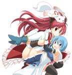  2girls black_legwear blue_eyes blue_hair bow cape carrying hair_bow kyubey kyuubee magical_girl mahou_shoujo_madoka_magica miki_sayaka multiple_girls panties ponytail princess_carry red_eyes red_hair redhead sakura_kyouko smile striped striped_panties thigh-highs thighhighs underwear upskirt white_legwear yasuio 