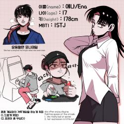  1girl arcade_cabinet bilingual_commentary bilingual_text black_hair black_sandals breasts character_profile dress_shirt earrings english_commentary english_text engrish_text grey_hoodie hair_bun hand_on_own_neck highres hood hoodie jewelry korean_commentary korean_text large_breasts loose_socks miniskirt mixed-language_commentary mixed-language_text mole mole_under_mouth multicolored_hair original pants pencil_skirt pink_hair pink_pants playing_games playing_video_games ponytail ranguage sandals shaded_face sharp_teeth shirt single_hair_bun skirt socks sokdoksannim sweat teeth two-tone_hair untucked_shirt white_shirt 