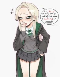  1girl black_robe black_skirt blonde_hair blush cardigan commentary covering_own_mouth diagonal-striped_clothes diagonal-striped_necktie earrings english_commentary english_text eyelashes fang genderswap genderswap_(mtf) green_hood green_necktie grey_eyes hand_on_own_hip hand_over_own_mouth harry_potter_(series) highres hogwarts_school_uniform hood hood_down jewelry laughing long_hair malfoid megaowch miniskirt necktie open_mouth pleated_skirt raised_eyebrow robe school_uniform shirt simple_background skirt slytherin smile solo speech_bubble striped_clothes striped_necktie talking white_background white_shirt wide_sleeves wizarding_world 