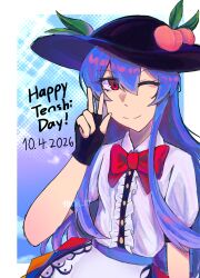  10shi_17 ;) black_gloves black_hat blue_background blue_hair border bow bowtie center_frills closed_mouth dated english_text fingerless_gloves frills gloves hat highres hinanawi_tenshi long_hair looking_at_viewer one_eye_closed peach_hat_ornament red_bow red_bowtie red_eyes shirt short_hair short_sleeves smile tenshi_day touhou upper_body w white_border white_shirt 