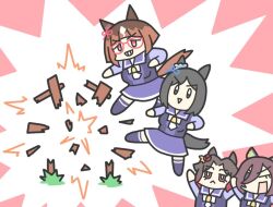 4girls :< animal_ears black_eyes black_hair broken_fence brown_hair chibi commentary eishin_flash_(umamusume) eyepatch fence full_body grin horse_ears horse_girl horse_tail inuken_(nicoseiga917125) kicking multiple_girls red_eyes rose_kingdom_(umamusume) smile tail tanino_gimlet_(umamusume) transcend_(umamusume) triangle_mouth umamusume versailles_resort_farm 