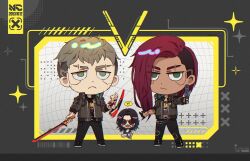  1girl 2boys asymmetrical_hair black_hair black_pants blonde_hair brown_jacket chibi cyber_ul cyberpunk_(series) cyberpunk_2077 dark-skinned_female dark_skin green_eyes gun handgun holding holding_gun holding_sword holding_weapon jacket katana looking_at_viewer mantis_blades_(cyberpunk) multiple_boys open_clothes open_jacket pants red_hair sidecut sword undercut v_(cyberpunk) valerie_(cyberpunk) vincent_(cyberpunk) weapon 