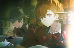 1boy 1girl :t aragaki_shinjirou beanie bow bowl bowtie brown_eyes brown_hair chopsticks closed_mouth coat collared_shirt dated eating food gekkoukan_high_school_uniform green_hair hair_between_eyes hair_ornament hairclip hat headphones headphones_around_neck highres holding holding_chopsticks looking_at_viewer noodles persona persona_3 persona_3_portable ramen red_bow red_bowtie red_eyes school_uniform shiomi_kotone shirt short_hair sideways_glance trench_coat upper_body white_shirt wmlothx x_hair_ornament 