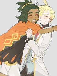  2boys black_shirt blonde_hair blush closed_eyes coat collared_shirt commentary_request dark-skinned_male dark_skin ear_piercing fua1heyvot4ifsr gladion_(pokemon) gladion_(sygna_suit)_(pokemon) green_eyes green_hair grey_background grey_vest grin hair_over_one_eye hau_(pokemon) hau_(sygna_suit)_(pokemon) highres hug long_hair looking_at_another male_focus multiple_boys necktie official_alternate_costume open_clothes open_coat piercing pokemon pokemon_masters_ex pokemon_sun_and_moon red_necktie shirt shorts simple_background smile standing upper_body vest white_coat white_shorts yellow_coat 
