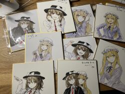  2girls :o :p absurdres annotated arms_up art_tools_in_frame asymmetrical_sidelocks black_capelet black_hat black_ribbon blonde_hair blush bow brown_hair capelet collared_dress commentary_request dated dress hair_bow hands_on_own_hips hat hat_bow heart heart_hands highres kashiwada_kiiho long_hair long_sleeves maribel_hearn mob_cap multiple_girls multiple_views neck_ribbon necktie one_eye_closed open_mouth photo_(medium) purple_dress red_necktie ribbon ribbon-trimmed_capelet ribbon_trim shikishi shirt sidelocks smile tongue tongue_out touhou traditional_media translation_request usami_renko white_bow white_hat white_shirt 