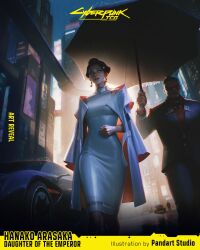  1boy 1girl artist_name black_hair black_jacket black_pants building car character_name city coat coat_on_shoulders copyright_logo copyright_name cyberpunk_(series) cyberpunk_2077 cyberpunk_trading_card_game dress english_text grey_car hanako_arasaka highres holding holding_umbrella jacket logo looking_at_viewer motor_vehicle open_clothes open_coat outdoors pandart-studio pants skyscraper sleeveless sleeveless_dress solo umbrella white_coat white_dress 