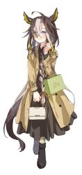 1girl absurdres ahoge animal_ears bag black_dress black_shoes blue_eyes blush brown_hair closed_mouth coat dream_journey_(umamusume) dress eyewear_strap glasses hair_between_eyes handbag highres horse_ears horse_girl horse_tail komeko97 long_hair long_sleeves multicolored_hair multiple_girls open_clothes open_coat shoes shopping_bag simple_background solo streaked_hair tail umamusume white_background white_hair yellow_coat 