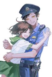  1boy 1girl :d aged_up alternate_costume baton_(weapon) black_hair brother_and_sister brown_hair chinese_commentary closed_eyes commentary_request cowboy_shot dark-skinned_male dark_skin floating_hair green_sailor_collar green_skirt grin happy hat highres hug hugging_viewer kikuchi_midori kikuchi_ryou li_xiang_xiang_chi_bingjiling looking_at_another pleated_skirt police police_badge police_hat police_uniform policeman radio sailor_collar school_uniform sekai_metsubou_kyouyuu_gensou_mamiya serafuku short_hair short_sleeves siblings skirt smile surprise_hug surprised very_short_hair weapon white_background yellow_eyes 