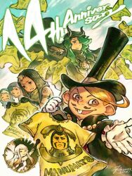  airy_(bravely_default) anniversary blonde_hair bravely_default:_flying_fairy bravely_default_(series) buck_teeth ciggma_khint commentary eloch_quentis_khamer_viii erutus_profiteur gloves green_hair hat highres holding holding_shirt holding_unworn_clothes hood jackal_(bravely_default) official_art print_shirt rina_yoshiura shirt teeth top_hat unworn_shirt white_gloves 