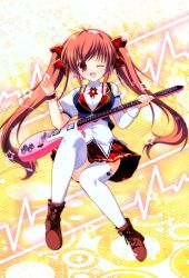  1girl absurdres asymmetrical_sleeves bow brown_hair cropped_vest cuffs exit_tunes fang guitar hair_bow highres holding holding_guitar holding_instrument instrument long_hair mikeou mismatched_sleeves one_eye_closed open_mouth plaid_clothes plaid_skirt plectrum red_eyes scan skirt smile solo thigh-highs third-party_source twintails vest white_thighhighs 