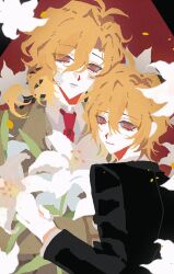  11529871979 1boy bandaid bandaid_on_face black_jacket blonde_hair chinese_commentary coat collared_shirt commentary_request dual_persona empty_eyes falling_flower falling_petals flower from_behind gauze gauze_on_cheek highres jacket light_smile long_hair looking_at_viewer looking_back male_focus mixed-language_commentary natsume_souichirou necktie no_lineart parted_lips petals red_background red_eyes red_necktie school_uniform sekai_metsubou_kyouyuu_gensou_mamiya shirt short_hair trench_coat upper_body wavy_hair white_flower 