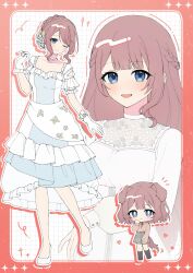  1girl absurdres animal_ears blue_eyes blush border braid chibi commentary_request dog_ears dog_tail dress flower frills full_body gloves grid_background hair_flower hair_ornament half_gloves high_heels highres jewelry layered_dress long_hair mochizuki_honami multiple_views n72841856 necklace off_shoulder open_mouth pearl_necklace pink_border project_sekai puff_sleeves pumps reference_sheet rose side_braid smile sparkle tail upper_body white_dress winking_(animated) 