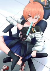  1girl absurdres ahoge ambienthalo black_halo black_shirt black_socks blue_archive blue_skirt blush chair clothes_pull commentary crossed_legs floral_print floral_print_shirt food food_in_mouth halo highres huge_ahoge neru_(blue_archive) neru_(school_uniform)_(blue_archive) on_chair open_clothes open_shirt pleated_skirt popsicle popsicle_in_mouth print_shirt red_eyes red_hair red_shoes shirt shirt_pull shoes short_hair single_shoe sitting skirt sneakers socks solo white_shirt 