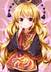  1girl black_dress black_hat blonde_hair blush chinese_clothes closed_mouth commentary_request completion_time crescent_print dalachi_(headdress) dress energy_tail fox_tail hand_on_own_cheek hand_on_own_face hat highres junko_(touhou) long_hair long_sleeves looking_at_viewer multiple_tails neck_ribbon red_eyes red_tabard ribbon ruu_(tksymkw) smile solo tabard tail touhou very_long_hair wide_sleeves yellow_ribbon 
