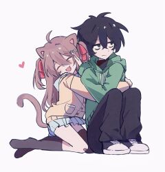  1boy 1girl animal_ears asymmetrical_legwear black_eyes black_hair black_pantyhose black_shirt black_shoes black_socks black_thighhighs blue_sailor_collar blue_skirt brown_hair cardigan cat_ears cat_girl cat_tail closed_eyes closed_mouth commentary crossed_bangs from_side full_body green_hoodie hair_between_eyes hair_ornament happy heart heart_hair_ornament highres hood hood_down hoodie hug long_hair long_sleeves miniskirt neuro-sama neuro-sama_(1st_costume) no_shoes open_mouth pantyhose personification pinkpink939 pleated_skirt sailor_collar shirt shoes short_hair simple_background single_sock single_thighhigh sitting skirt socks tail thigh-highs turtleneck turtleneck_shirt two_side_up uneven_legwear untranslatable_commentary vedal987 vedal_ai virtual_youtuber white_background yellow_cardigan 