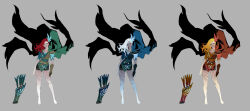  1girl absurdres barefoot black_shorts blonde_hair blue_cape blue_flower blue_shirt breasts brown_cape brown_shirt brown_shorts butterfly_necklace cape clenched_hands closed_mouth commentary concept_art contrapposto dongho_kang dota_(series) dota_2 english_commentary eyelashes floating_cape floating_hair flower full_body gradient_background gradient_clothes gradient_shirt green_cape green_shirt grey_background hair_flower hair_ornament half_chest_guard highres lips long_hair looking_at_viewer medium_breasts multiple_views nose official_art quiver red_flower red_hair red_shirt shirt short_shorts shorts simple_background single_arm_guard sketch standing toes white_hair windranger_(dota) 