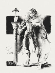  1boy animal_ears armor artist_name blaidd_the_half-wolf cape dated elden_ring english_commentary furry furry_male greatsword greyscale highres holding holding_sword holding_weapon looking_at_viewer male_focus monochrome sword tempomcflurry weapon wolf_boy wolf_ears 