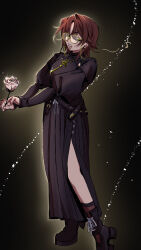  1girl ange_katrina ange_katrina_(9th_costume) belt black_background black_belt black_boots black_shirt black_skirt boots brown_socks button_up_skirt closed_eyes collared_shirt commentary eyewear_strap flower full_body glasses glint glowing gold_necklace hair_between_eyes high_heel_boots high_heels highres holding holding_flower jewelry light_particles medium_hair musical_note necklace nijisanji o4_o04 open_mouth own_hands_together pendant pink_flower pink_rose pleated_skirt puffy_sleeves red_hair rose round_eyewear shirt side_slit simple_background single_hair_intake skirt sleeves_past_wrists smile socks solo standing teeth untranslatable_commentary upper_teeth_only virtual_youtuber yellow-framed_eyewear 