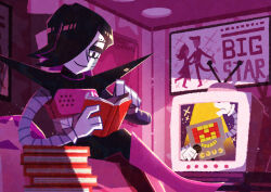  1boy absurdres black_eyes black_hair book book_stack closed_mouth commentary_request crossed_legs gloves highres holding holding_book humanoid_robot male_focus mettaton mettaton_(box) mettaton_ex open_book reading robot sitting smile solo television undertale utdr_(toby_fox) watawata22 white_gloves 