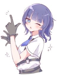  1girl :o ;o black_gloves blue_hair blue_necktie blunt_bangs chest_harness collared_shirt commentary_request cropped_torso emma_verde finger_gun gloves harness highres looking_at_viewer love_live! love_live!_nijigasaki_high_school_idol_club medium_hair memeta_(oolm_m) necktie nijigaku_police_fair_in_gamers notice_lines one_eye_closed open_mouth police police_uniform policewoman shirt short_necktie short_sleeves simple_background solo upper_body white_background white_shirt 