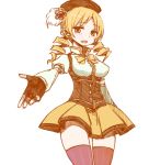  beckon beckoning beret blonde_hair blush drill_hair fingerless_gloves gloves go-m hair_ornament hat long_hair magical_girl mahou_shoujo_madoka_magica open_mouth outstretched_arm outstretched_hand puffy_sleeves smile solo thigh-highs thighhighs tomoe_mami twintails yellow_eyes 