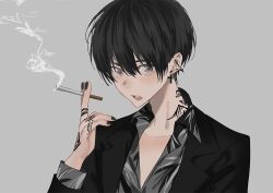  1boy barbell_piercing between_fingers black_hair black_jacket black_nails cigarette collarbone collared_shirt cross cross_earrings ear_piercing earrings grey_background grey_eyes grey_shirt hand_tattoo hand_up holding holding_cigarette industrial_piercing jacket jewelry long_sleeves looking_at_viewer male_focus nail_polish neck_tattoo open_mouth original p_(pkochan) piercing portrait shirt short_hair simple_background smoke smoke_trail smoking solo tattoo 