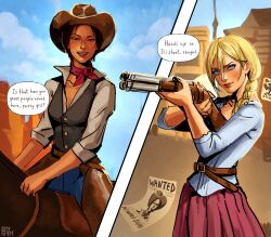  2girls absurdres aiming_at_another alternate_universe artist_name belt black_vest blonde_hair blue_eyes blue_pants braid breasts brown_belt brown_chaps brown_hair collared_shirt cowboy_hat cowboy_western cowgirl_(western) desert english_text freckles gun hair_between_eyes hair_over_shoulder hat highres holding holding_gun holding_weapon horseback_riding krista_lenz long_hair looking_at_another medium_breasts multiple_girls neckerchief open_mouth pants parted_bangs pink_neckerchief pink_skirt pleated_skirt riding rimari_(rimri4mm) shingeki_no_kyojin shirt short_hair shotgun single_braid skirt sleeves_rolled_up smile vest wanted_poster weapon white_shirt ymir_(shingeki_no_kyojin) yuri 
