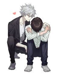  2boys arms_on_knees belt brown_hair dress_shirt fingernails grey_hair heart highres himo_(himodayoo) ikari_shinji jacket knees_up male_focus multiple_boys nagisa_kaworu neon_genesis_evangelion pale_skin red_eyes shirt shirt_tucked_in short_hair simple_background socks suit_jacket suit_pants white_background 