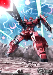  amasaki_yusuke beam_rifle blue_sky commentary_request cyclops energy_gun explosion explosion_background firing full_body gundam gundam_card_game gundam_seed gundam_seed_destiny mecha mobile_suit official_art one-eyed robot seed shield sky standing sunrise violet_eyes weapon zaku_warrior zaku_warrior_lunamaria_custom 