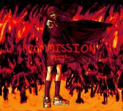  1girl absurdres belt black_cape black_hair black_vest bones_soup cape chainsaw_man cross_scar dress facing_viewer fiery_background finger_gun fire floating_hair forest highres kneehighs long_hair long_sleeves nature neck_ribbon pinafore_dress pointing pointing_at_viewer ponytail ribbon ringed_eyes scar scar_on_cheek scar_on_face scar_on_nose shoes skirt sleeveless sleeveless_dress socks standing suspender_skirt suspenders vest white_shoes yoru_(chainsaw_man) 