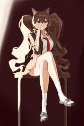  1girl absurdres angelina_(arknights) animal_ear_fluff animal_ears arknights arknights:_endfield breasts brown_hair brown_jacket collarbone commentary crossed_legs desk fox_ears fox_girl gilberta_(arknights) hair_between_eyes head_rest heart heart-shaped_pupils highres jacket long_hair long_sleeves looking_at_viewer necktie on_desk open_clothes pigeonfight99 pleated_skirt red_background red_eyes red_necktie sandals shirt simple_background sitting skirt smile socks solo symbol-shaped_pupils thighs twintails white_shirt white_socks 