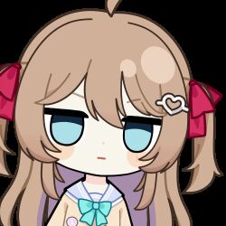  1girl ahoge animated animated_gif aqua_bow aqua_bowtie badge blue_eyes blue_sailor_collar blush_stickers bow bowtie brown_hair button_badge cardigan chibi chibi_only chunye_haruya clouds commentary commission dot_nose empty_eyes english_commentary from_side hair_between_eyes hair_ornament hair_ribbon heart heart_hair_ornament long_hair lowres neuro-sama neuro-sama_(1st_costume) open_mouth red_ribbon ribbon sailor_collar second-party_source shirt solo sticker_(medium) surprised transparent_background two_side_up upper_body vedal_ai virtual_youtuber white_shirt yellow_cardigan 