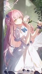  1girl absurdres angel_wings black_scrunchie blue_archive blue_bow blue_bowtie bow bowtie capelet chinese_commentary commentary_request dress feathered_wings flower hair_bun hair_flower hair_ornament halo highres holding holding_flower long_hair looking_at_viewer low_wings mika_(blue_archive) partial_commentary pink_hair pink_halo scrunchie single_side_bun smile solo white_capelet white_dress white_flower white_wings wing_ornament wings wrist_scrunchie yellow_eyes z-bow 