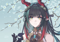  1girl absurdres arknights arknights:_endfield bare_shoulders black_hair branch chinese_commentary closed_mouth commentary_request dragon_girl dragon_horns flower green_eyes hair_intakes hair_ornament hand_up highres horns jewelry light_particles light_smile long_hair makong6593 multicolored_hair partial_commentary pointy_ears portrait red_horns red_streaks ring solo streaked_hair white_flower yellow_eyes zhuang_fangyi_(arknights) 