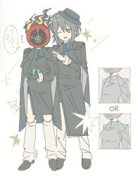  1boy 1other aqua_eyes black_changpao black_jacket black_shoes braid changpao chinese_clothes cinq_association_east_uniform clock dante_(limbus_company) fire full_body genderswap genderswap_(otf) genderswap_(otm) highres hong_lu_(project_moon) jacket jacket_on_shoulders limbus_company looking_at_viewer nanahara191 object_head one_eye_closed open_mouth pants project_moon shoes smile standing white_pants 