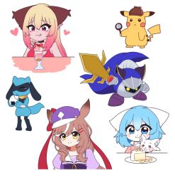  3girls :< :3 :q ^_^ animal_ear_fluff animal_ears armor armored_boots bare_shoulders black_choker blonde_hair blue_cape blue_eyes blue_fur blue_hair blush blush_stickers boots bow bowtie brown_hair brown_hat cake cake_slice cape choker closed_eyes closed_mouth collarbone commentary cropped_torso deerstalker detective detective_pikachu_(character) detective_pikachu_(series) eating english_commentary floating_cape food food_bite fox_ears fox_girl frown furrowed_brow galaxia_(sword) glowing glowing_eyes gradient_hair hair_between_eyes hair_flaps hair_ornament hair_ribbon hairclip hat heart highres holding holding_food holding_magnifying_glass holding_sword holding_weapon horse_ears horse_girl horseshoe_ornament indie_virtual_youtuber kirby_(series) licking_lips long_hair looking_at_food looking_at_viewer luna_(wolfychu) magnifying_glass mask matikanetannhauser_(umamusume) meta_knight multicolored_hair multiple_girls multiple_hairclips newsboy_cap off-shoulder_sweater off_shoulder onigiri original parfait pauldrons pet pikachu pink_hair pink_sweater plate pokemon pokemon_(creature) purple_boots purple_bow purple_bowtie purple_hat purple_shirt red_ribbon red_tank_top ribbon riolu school_uniform shirt short_hair shoulder_armor simple_background single_hair_streak smile split_mouth standing streaked_hair sweater sword tank_top tongue tongue_out tracen_school_uniform two-tone_hair umamusume weapon white_background white_fur wolf_ears wolf_girl wolfychu wolfychu_(artist) yellow_eyes 