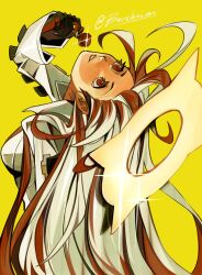  1girl absurdres artist_name bodysuit borcheim candy collared_bodysuit commentary english_commentary food from_behind glint gold_halo guilty_gear guilty_gear_strive halo head_back highres holding holding_candy holding_food holding_lollipop jack-o'_valentine lollipop long_hair long_sleeves looking_at_viewer looking_back parted_lips red_eyes red_hair signature simple_background smile solo sparkle spiked_halo twitter_username upper_body very_long_hair white_bodysuit wide_sleeves yellow_background 