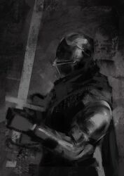  1other armor black_cape cape commentary cuirass english_commentary fantasy from_side full_armor gauntlets greyscale helmet highres holding holding_sword holding_weapon long_sword monochrome original pauldrons phanthema rerebrace sallet shoulder_armor sketch sword two-handed_sword unfinished upper_body weapon 