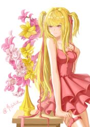  1girl absurdres amane_misa arm_support bare_shoulders blonde_hair commentary_request cowboy_shot death_note dress flower frilled_dress frills hand_on_own_chest highres long_hair pink_dress red_eyes sleeveless sleeveless_dress solo thigh_strap twintails two_side_up user_hstx5272 vase white_background 